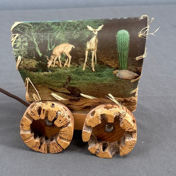 VTG Cholla Cactus Wood Covered Wagon Lamp 5" Rustic Southwest Deer Old West USA - Picture 1 of 16
